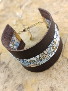 Bracelet cuir et tissu Camel et bleu