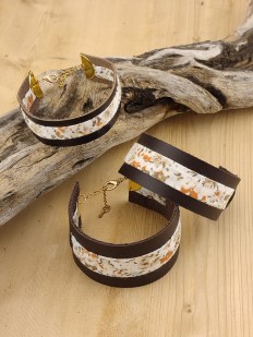 Bracelet manchette cuir et tissu fleurs Terracotta