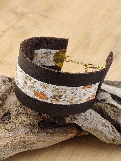 Bracelet manchette cuir et tissu fleurs Terracotta