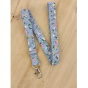 Dragonne porte badge / clés bleu à fleurs