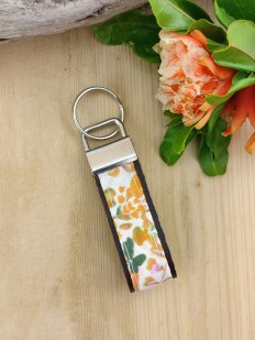 Porte clés cuir et tissu Sakura orange