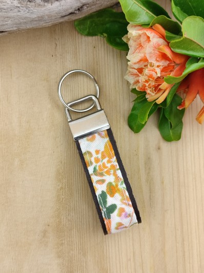 Porte clés cuir et tissu Sakura orange