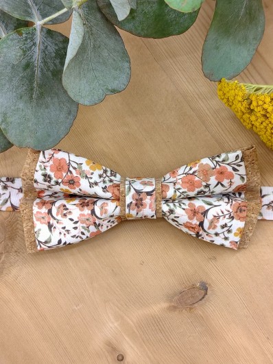 Nœud papillon liège et tissu orange brûlée