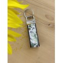 Porte clés cuir et tissu fleuri vert