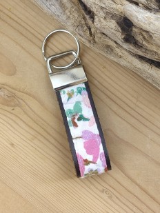 Porte clés cuir et tissu fleuri rose