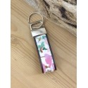 Porte clés cuir et tissu fleuri rose