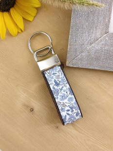 Porte clés cuir et tissu Liberty bleu