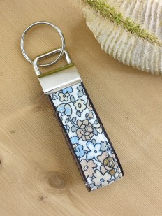 Porte clés cuir et tissu bleu et camel