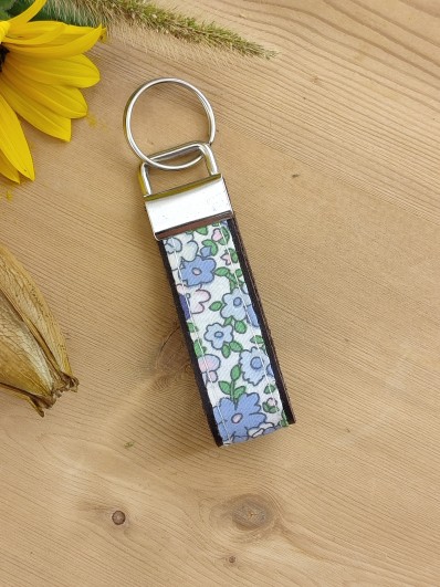 Porte clés cuir et tissu à fleurs