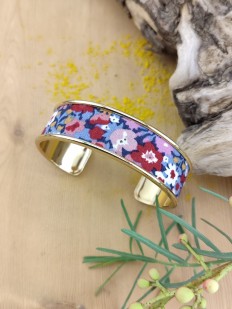 Bracelet manchette laiton et tissu bordeaux fleuri