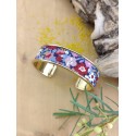 Bracelet manchette laiton et tissu bordeaux fleuri