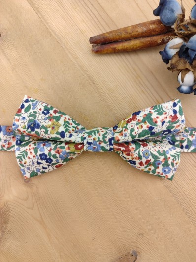 Nœud papillon double fleuri bleue, terracotta et vert