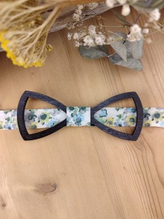 Noeud papillon bois et tissu floral vert