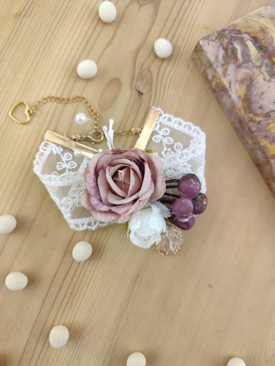 Bracelet dentelle avec fleur vieux rose