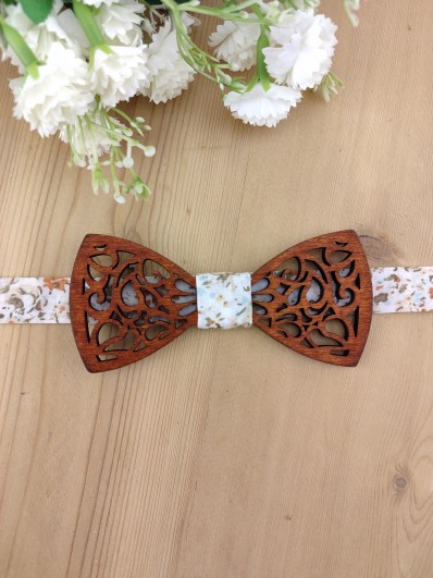 Noeud papillon bois ajouré et tissu Terracotta