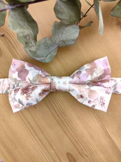 Nœud papillon double fleurs rose poudré et sauge