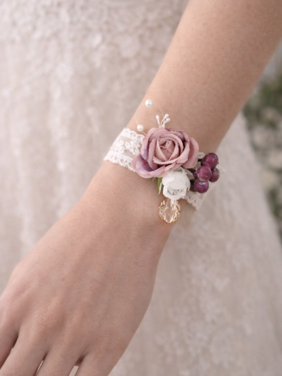 Bracelet dentelle avec fleur vieux rose