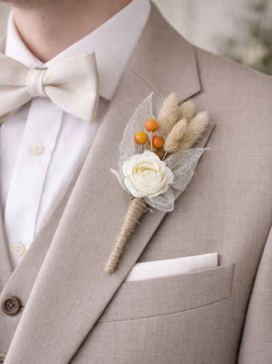 Boutonnière feuilles squelettes naturelle et rose