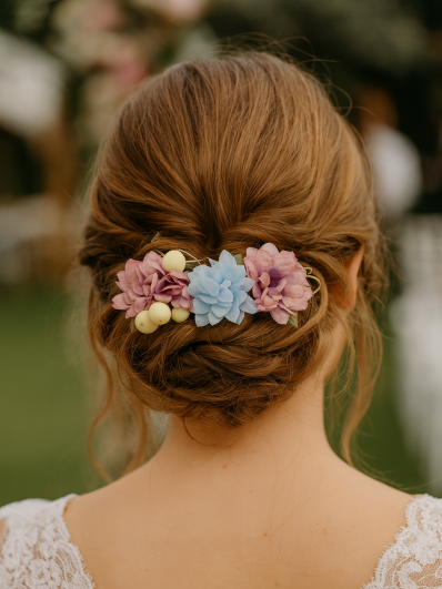 Peigne à cheveux fleurs rose et bleue