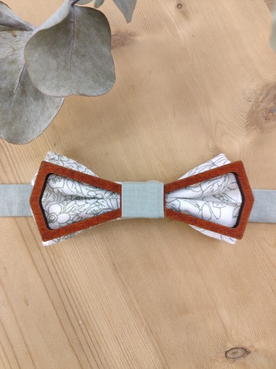 Noeud papillon bois et tissu vert floral