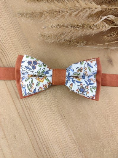 Noeud Papillon Enfant Fleuri & Terracotta en Coton Bio – Style Champêtre