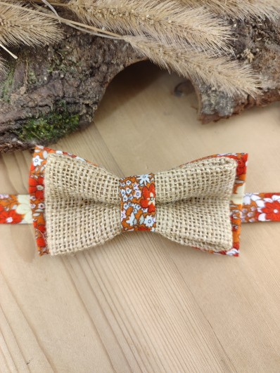Nœud Papillon Enfant en Jute & Coton Fleuri Orange/Terracotta – L'Authentique Petit