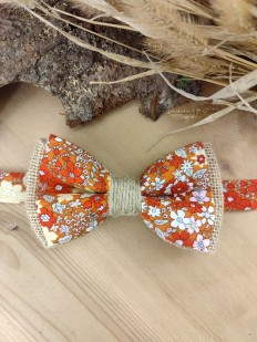 Noeud Papillon Fleuri Orange / terracotta et Jute – Élégance Champêtre "Le Rustique"