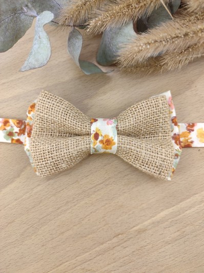 Noeud Papillon Fleuri Orange / terracotta et Jute – Élégance Champêtre "Le Rustique"