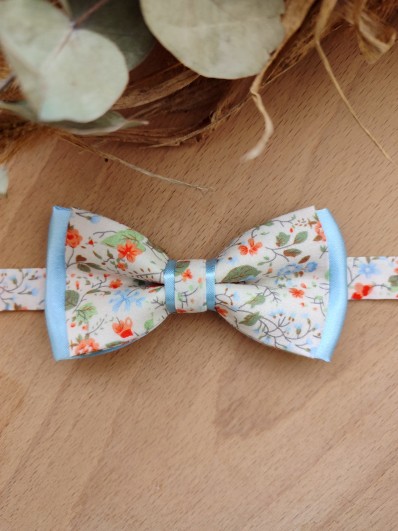 Noeud Papillon Enfant en Liberty Fleuri & Sous-Nœud Satin Bleu Ciel