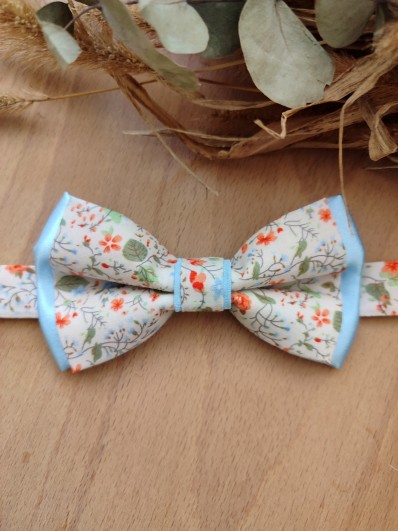 Noeud Papillon Homme en Liberty Fleuri & Sous-Nœud Satin Bleu Ciel