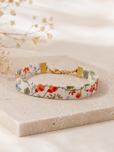 Bracelet Ruban en Coton Liberty Floral orangé et vert