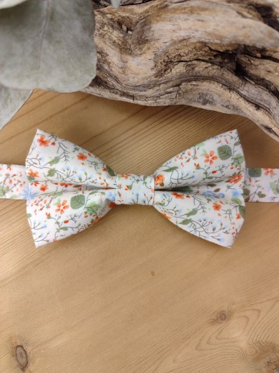 Noeud Papillon Double en Liberty Fleuri orangé et vert