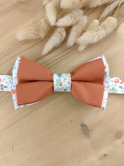 Noeud papillon terracotta – Tissu uni & sous-nœud Liberty orangé / vert