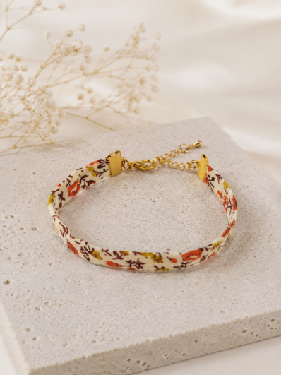 Bracelet Ruban en Coton Liberty Floral orangé et vert