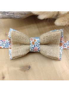 Noeud Papillon Coton en toile de jute et coton fleuri Terracotta et bleu – Style champêtre