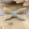 Noeud Papillon Coton en toile de jute et coton fleuri Terracotta et bleu – Style champêtre