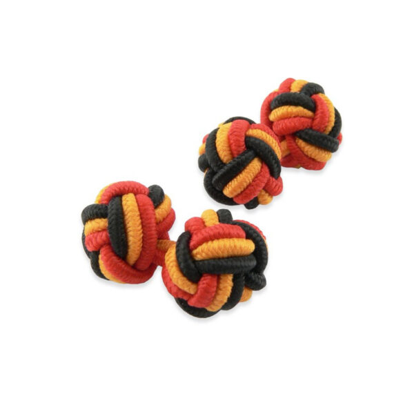 Knot 610 - Bouton de manchette en Passementerie rouge, noire et orangée.