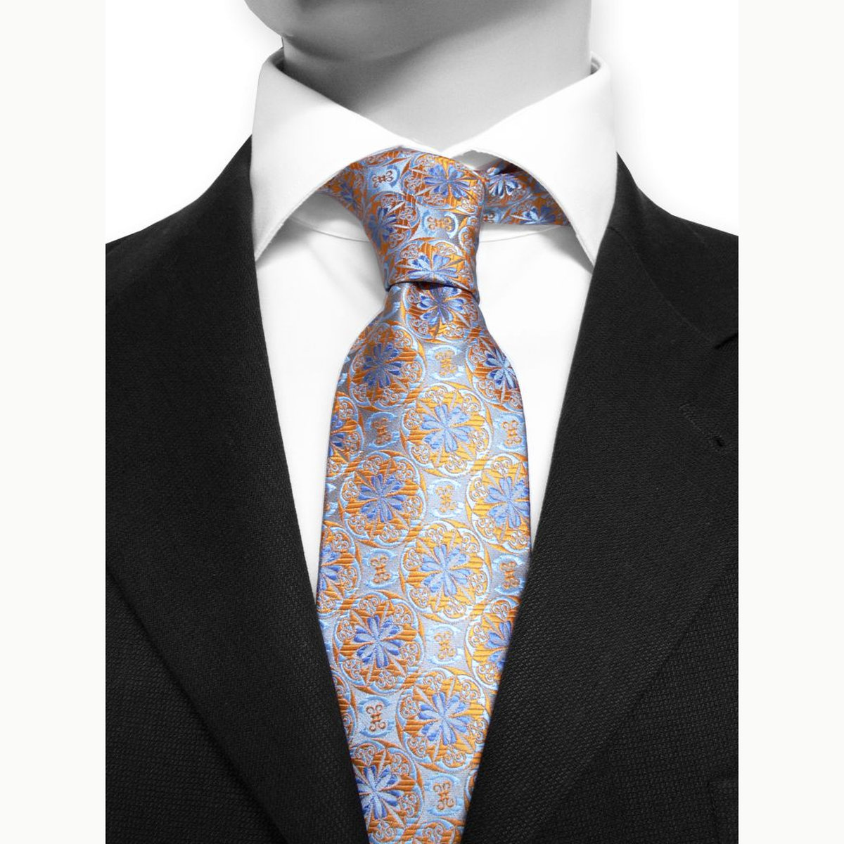 Motive 115 - Cravate bleu et cuivre à motif floral stylisé