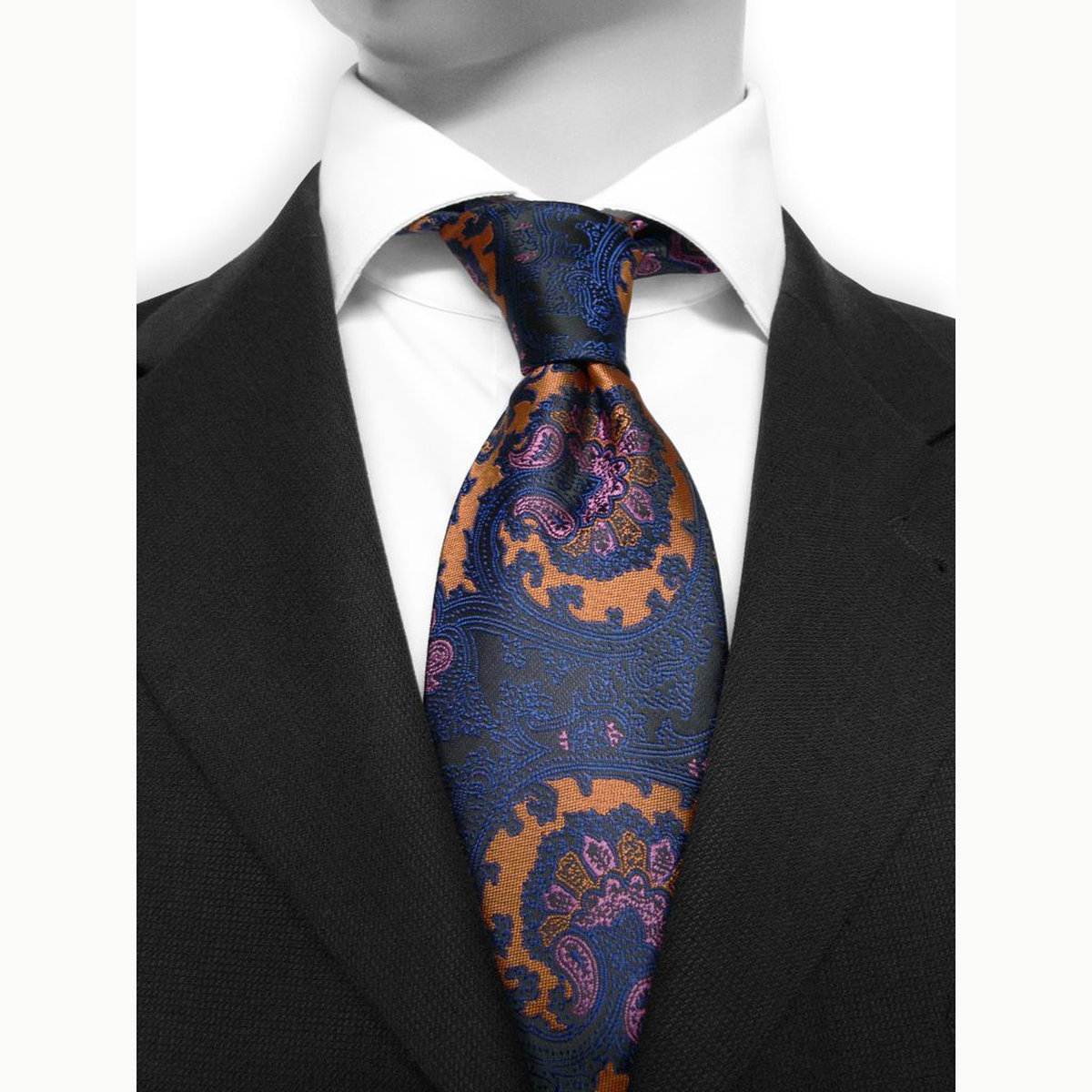 Paisley 75 - Cravate à motif contemporain bleu, ocre et rose