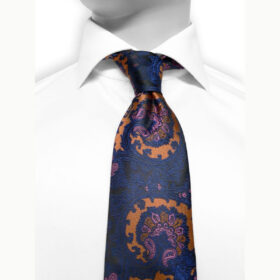 Paisley 75 - Cravate à motif contemporain bleu, ocre et rose