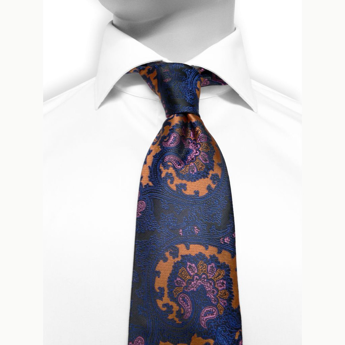 Paisley 75 - Cravate à motif contemporain bleu, ocre et rose