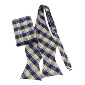 Noeud papillon Ecossais jaune et bleu avec pochette