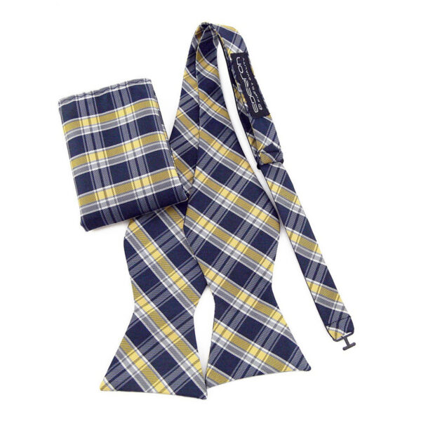 Noeud papillon Ecossais jaune et bleu avec pochette