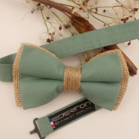 Noeud papillon vert sauge foncé et toile de jute