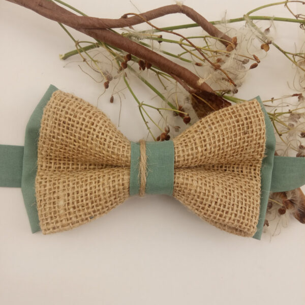 Noeud papillon vert sauge foncé et toile de jute