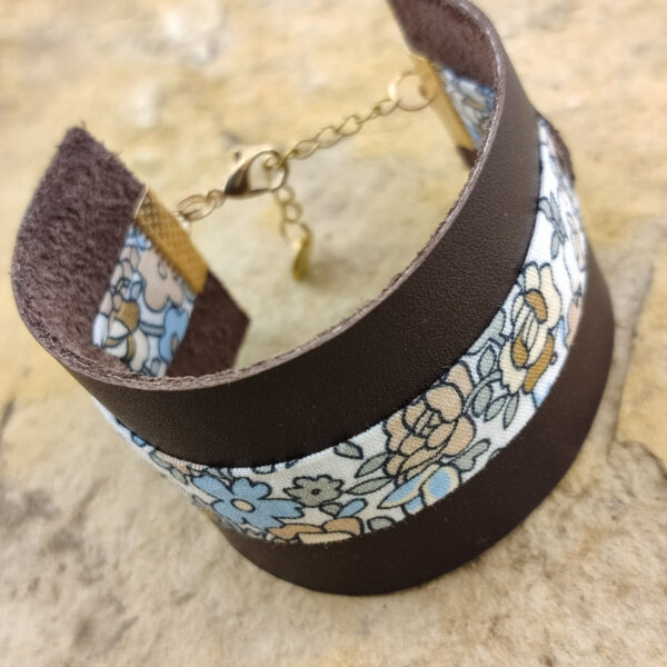 Bracelet cuir et tissu Camel et bleu