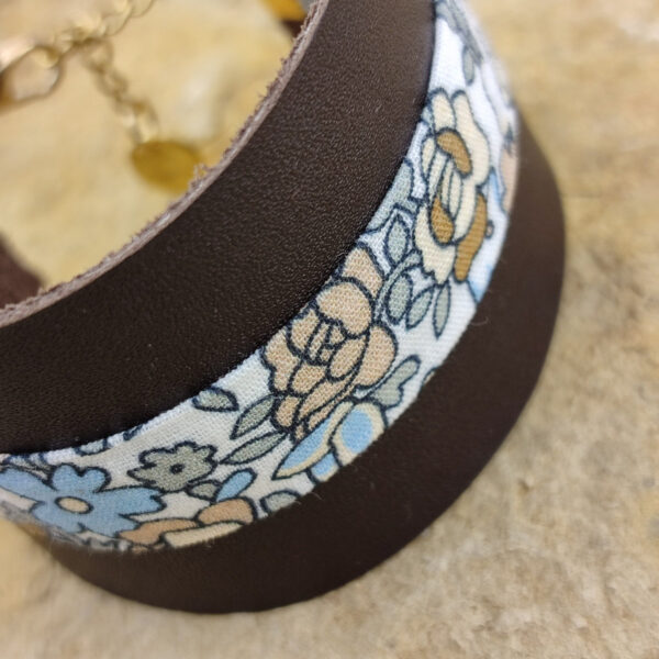 Bracelet cuir et tissu Camel et bleu
