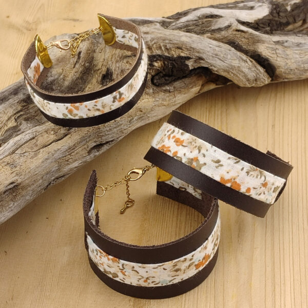 Bracelet manchette cuir et tissu fleurs Terracotta