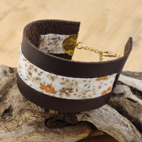 Bracelet manchette cuir et tissu fleurs Terracotta