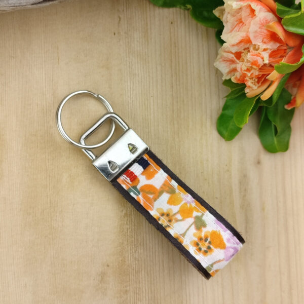 Porte clés cuir et tissu Sakura orange